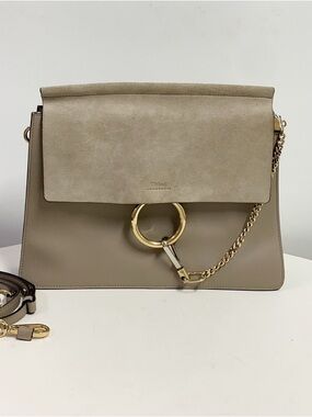Chloe Faye Large Leather Shoulder Bag in Taupe